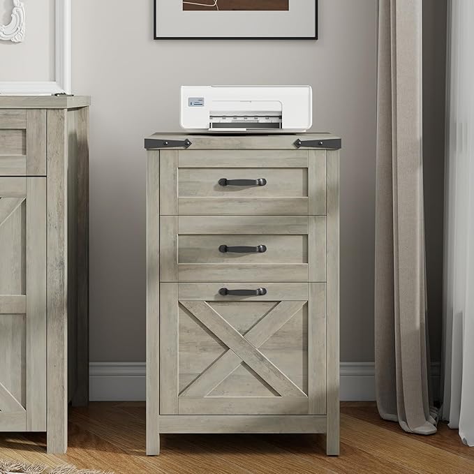 Vabches Vertical File Cabinet with 3 Drawers, Wooden Farmhouse Filing Cabinet for Letter/A4 Size Hanging Files, Under Desk Printer Stand with Storage for Home Office, Grey