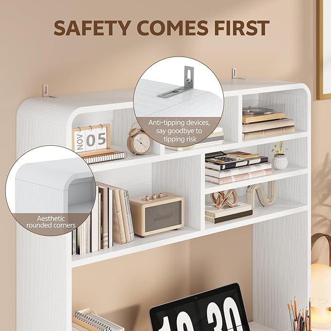 5-Tier Desk Shelf, 37.4''W Desktop Bookshelf for Computer Monitor, Desktop Organizer Shelf Storage Rack with 6 Cubbies, 5-Level Desk Hutch Display Rack for Home, Office, Dorm, Vanity, White