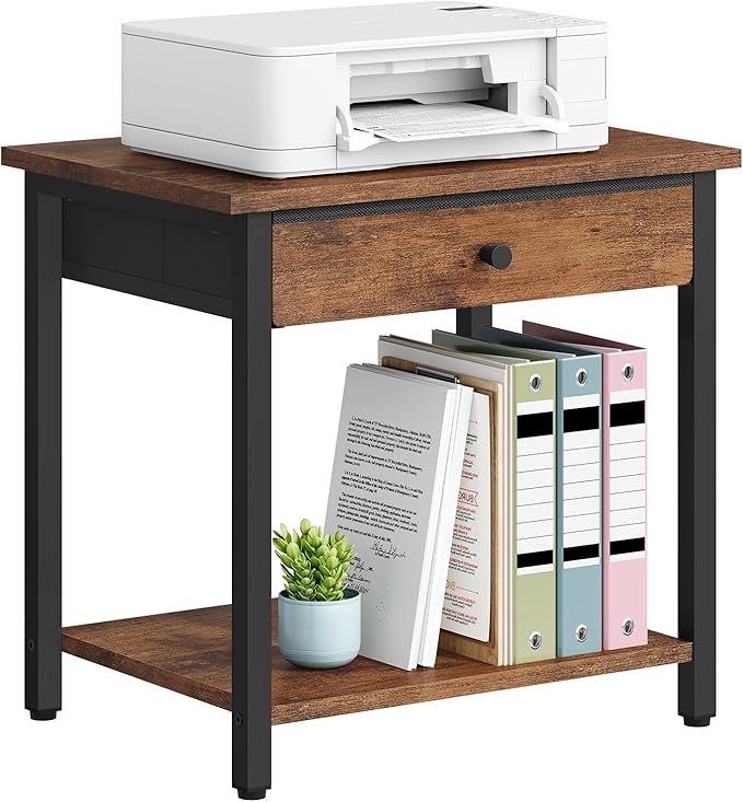 Gewudraw Printer Stand with Storage Drawer, 2-Tier Under Desk Printer Table, Shelf for Home Office, Living Room, Bedroom, Bathroom,Brown