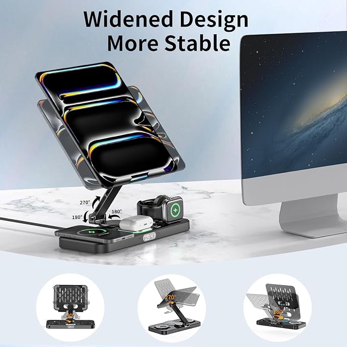 30W Foldable Charging Station for Multiple Devices, iPad Charging Station with Clock Display & Night Light for iPhone 17 Pro Max/16/15/iWatch 11/Air-pods 3/iPad 2025/Tablet Stand Holder