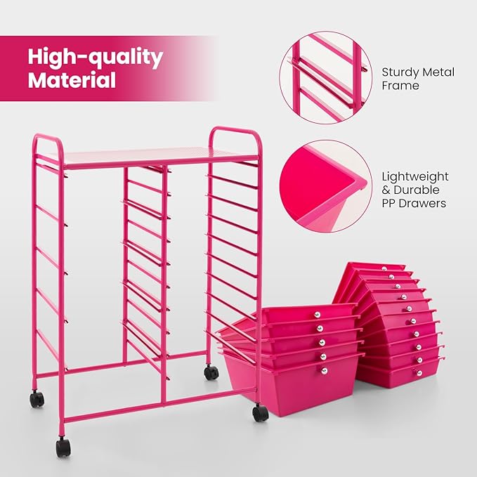 Moccha 15-Drawer Rolling Storage Cart - Under Desk Storage Drawers with wheels for Craft Art Supply Paper Salon, Scrapbook Paper Tools, Mobile Utility Cart for Classroom (15 Drawers, Hot Pink)