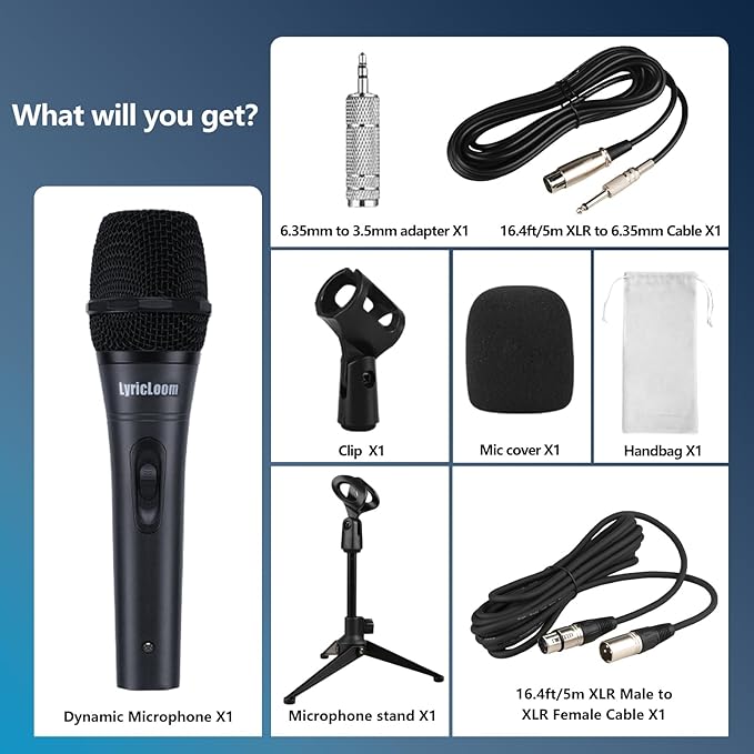 LyricLoom Professional XLR Microphone Wired with Stand, Metal Vocal Dynamic Microphone with Two Cable(16.4 XLR Male to Female & 6.35mm), Corded Microphone for Karaoke, Speaker, Singing, Recording