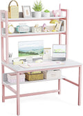Aquzee Pink Desk Hutch, 47in Woman Computer Desk with Bookshelf & Storage Shelves, Space Saving Girls Writing Study Craft Table for Bedroom Kids Room, White Wood & Pink Iron Home Office Desks