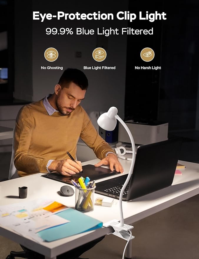 LiFMIRA Clip on Lamp USB Reading Light, 3 Color Modes, 10 Brightness Dimmable, Flexible Gooseneck Desk Lamp with Clamp, Eye Care Clip on Light for Bed Desk Headboard Home Dorm White