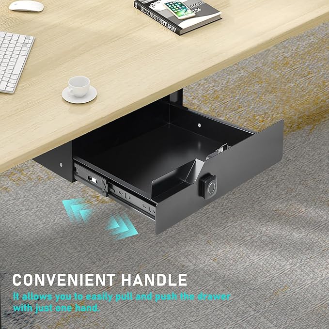 Under Desk Drawer with Biometric Fingerprint Lock, Metal Undermount Table Drawer, Slides Out Tray Organizer for Paper, Pencil, and Laptop 16"x11.8"x3.6", Black with Fingerprint Lock