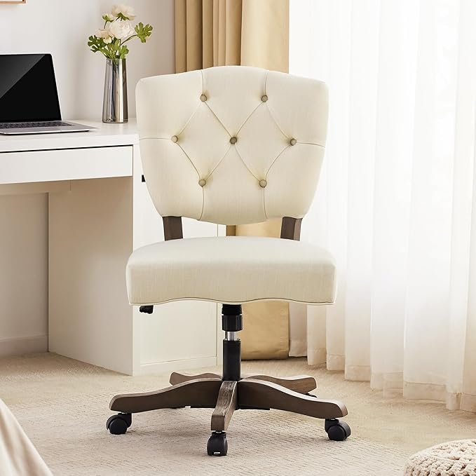 HUIMO Upholstered Swivel Desk Chair Chenille Tufted Fabric Home Office Chair with Wheels Adjustable Height Classic Task Chair with Wooden Legs Comfortable Armless Chair for Studio Study (Cream)