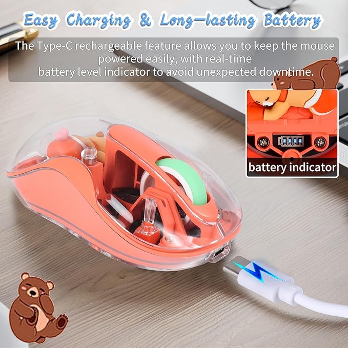 elec Space Cute Wireless USB C Mouse - Bluetooth Triple Mode Rechargeable Cartoon Mouse for Laptops, iPads & MacBook Air/Pro - Silent Operation, Portable Design, Unique Magnetic Character (Orange)