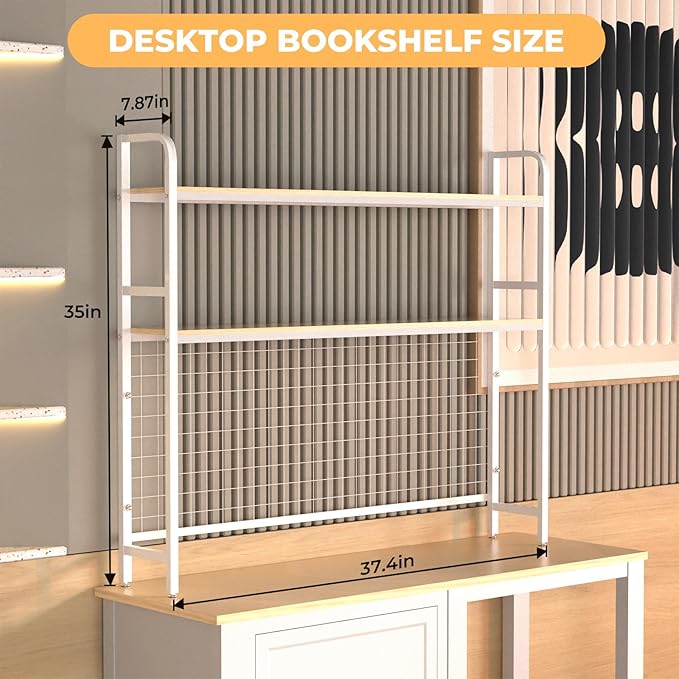 FAHKNS 2-Tier Desktop Bookshelf - Metal Desktop Bookshelf Organizer，Desk Book Organizer with 3 Hooks & DIY Storage Mesh，Suitable for Office/Game Room/Study/Powder Room（White）