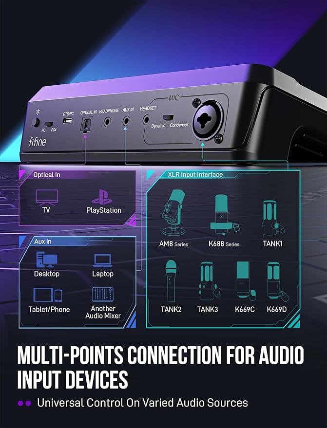 FIFINE XLR/USB Dynamic Microphone Bundle with Gaming Mixer, Streaming Mic Kit with XLR Interface, Mixer for Recording, Video Creation with Voice Changer, Game Chat Balance, RGB Control (AM8T+SC8)