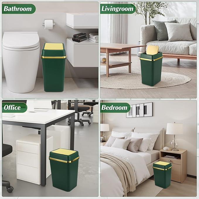 Bathroom Trash Can with Lid 4 Gallon Trash Can with Swing Lid Dark Green Small Garbage Can Bathroom Garbage Can with 300 Counts Trash Bags for Kitchen Bedroom Office