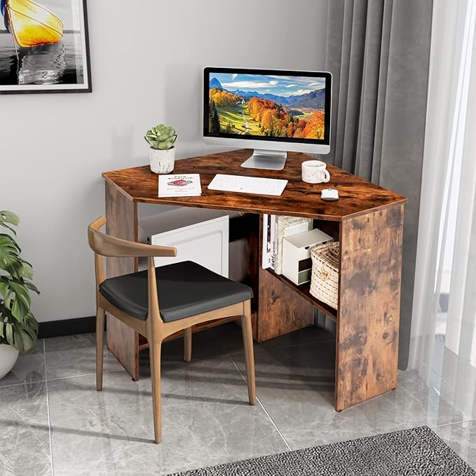 COSTWAY Corner Computer Desk, Space-Saving Triangular Writing Desk w/ 2 Storage Shelves & 2 Cable Holes, Multi-Functional Console Table for Small Space in Home Office, Living Room, Bedroom (Coffee)