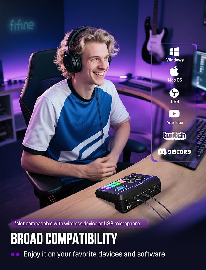 FIFINE XLR/USB Dynamic Microphone Bundle with Gaming Mixer, Streaming Mic Kit with XLR Interface, Mixer for Recording, Video Creation with Voice Changer, Game Chat Balance, RGB Control (AM8T+SC8)