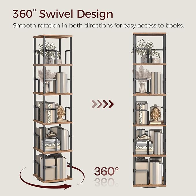 MAHANCRIS 5-Tier Rotating Bookshelf, Freestanding Corner Bookshelf, 360° Spinning Bookcase, Industrial Style Storage Rack with Rails, for Living Room, Bedroom, Study, Rustic Brown and Black BKHR1601