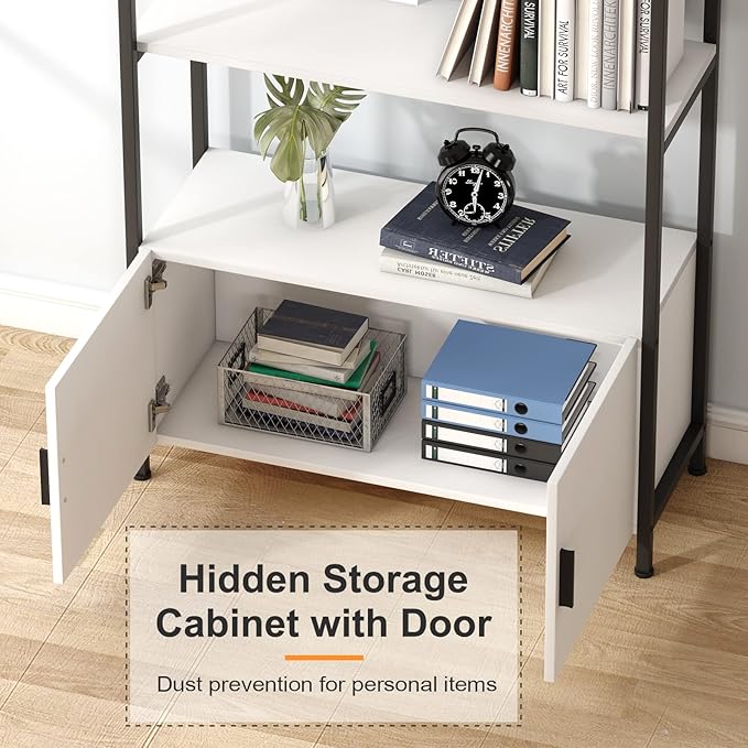 Jehiatek Arched Bookshelf, Bookcase with Doors Storage, 71 Inches Tall Industrial Book Shelf with Sturdy Metal Frame, E1 Quality Boards, Freestanding Display Shelving Unit, Black and White