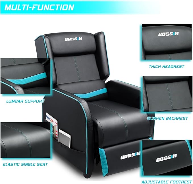 BOSSIN Gaming Recliner Chair for Adults 400lbs Racing Style Sofa Big and Tall PU Leather Recliner Seating, Modern Ergonomic Lounge Comfortable Home Movie Theater for Living Room(Cyan)