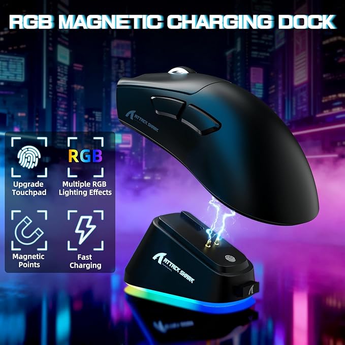 ATTACK SHARK V3 PRO Wireless Esports Gaming Mouse with Magnetic Charging Dock:62g Lightweight-1K Polling-25K DPI-PAW3311 Sensor,Wired/BT/2.4Ghz Programmable,BK52820 IC for PC Mac Laptop Gamer(Black)