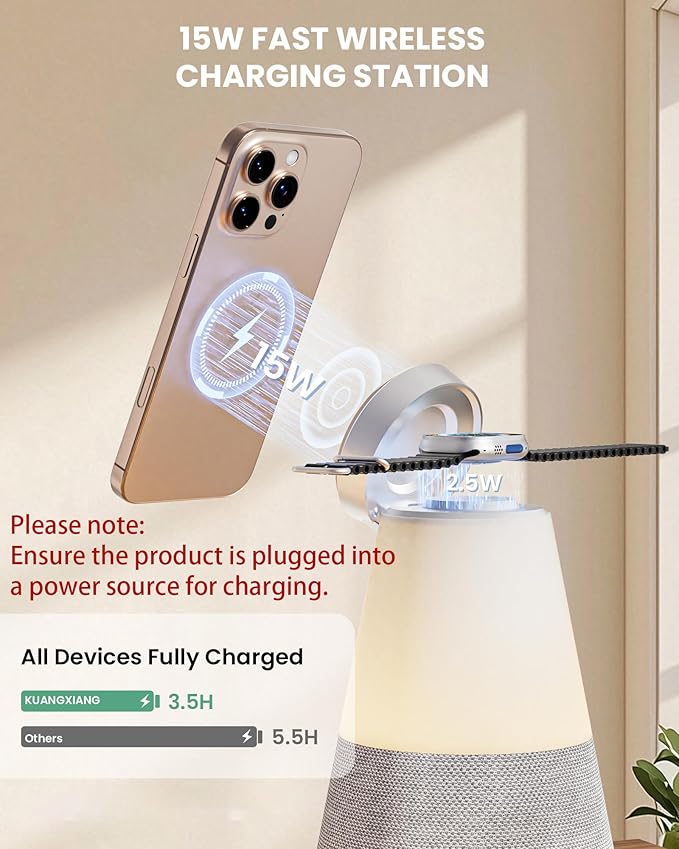 Bluetooth Speaker with Light, 4 in 1 15W Portable Speaker Magnetic Wireless Charger, Portable Bluetooth Speakers with Phone Stand, Men Gifts Dimmable Night Light Speakers, Birthday Gifts for Women