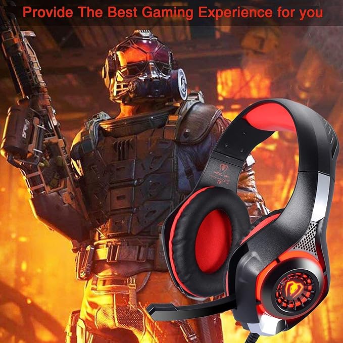 BlueFire Wired Gaming Headset for PS4 PS5 Xbox One PC – Over-Ear Headphones with Surround Sound, Noise Canceling Mic, Soft Memory Foam, LED Light, 3.5mm Jack for Console & Laptop (Red)