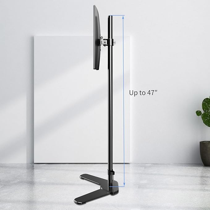 Single Tall Monitor Mount, Extra Long Computer Stand with 47 inch Pole, Floor Computer Stand, Free-Standing Monitor Desk Mount Support 13 to 27 inch Screen,22lbs