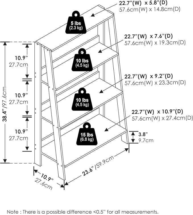 Furinno Ladder Book Shelf, 4-Tier Ladder Shelf, Open Design Bookshelf, Display Storage Bookcase, 10.9" x 23.6" x 38.4", Living Room, Home Office, White