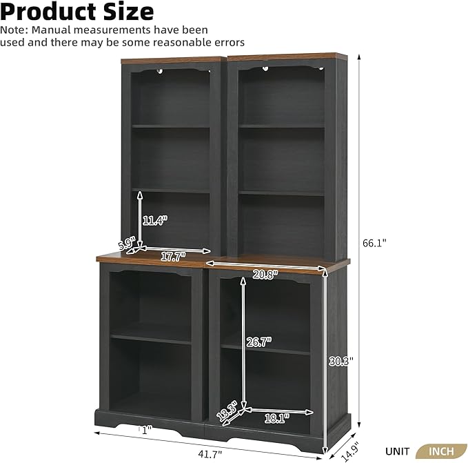 ON-Trend Two-Piece Elegant Freestanding Tall Cabinet with Fully Open Storage, Walnut Element Bookshelves with Curved Design, Stylish Display Bookcase with Anti-Tip Device for Living Room, Black Refi