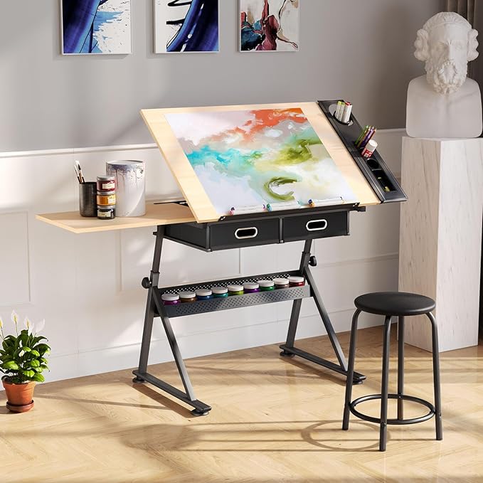 OS MOTOR Adjustable Height Drafting Table with Wood Top, Art Craft Desk with Slide-Out Drawers, Storage, for Drawing, Writing, Painting, and Creative Tasks, Ideal for Home Office, Natural