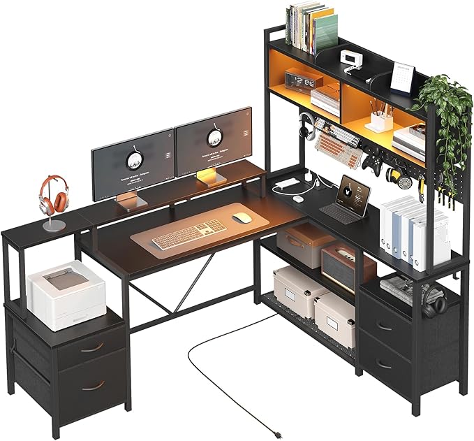 RALGEND 75inch L Shaped Computer Desk with Drawers, Large Gaming Desk with LED Light & Power Outlets, Corner Computer Desk with Storage Shelves & Monitor Stand for Home Office, Black