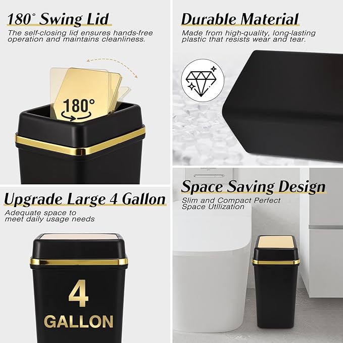 3 Pack Bathroom Trash Can with Lid 4 Gallon Small Trash Can Black Bathroom Trash Can with 225 Counts Trash Bags for Kitchen Bedroom Office