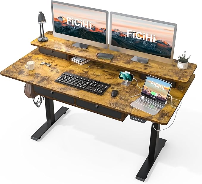 FiCiHi Adjustable Height Standing Desk with 4 Drawers,55 x 30 inches Electric Sit Stand Home Office Desk with Two Tiers, 3 Memory Presets, Monitor Stand Riser, USB A/C Charging Port