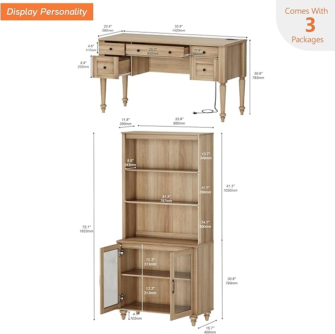 WAMPAT Home Office Furniture Set, 56'' Executive Desk with Charging Station, 72" Tall Bookcase with 2 Glass Doors, Wood Computer Desk with File Cabinet Storage, Open Shelf, Oak