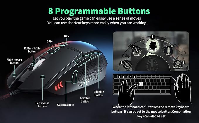 C309 Gaming Mouse Wired, Ergonomic Gamer Mouse PC Gaming Mice USB Optical Computer Mouse with RGB Backlit, 6 Adjustable DPI Up to 7200, 8 Programmable Buttons for Windows XP, 10, 8, 7, Mac OS, Linux