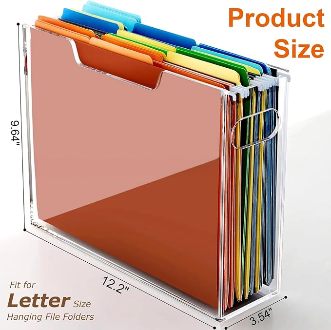 Acrylic File Organizer, 12.2 x 3.5 x 9.6 Inch Clear Hanging Folder Organizer with Handle Lightweight Slim Desktop File Storage for School, Office, Home