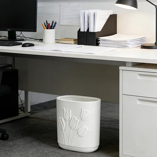 White Ceramic Tulips Small Bathroom Trash Can 2.6 Gal (10 Liter) - Heavy & Decorative Garbage Bin for Bathroom, Kitchen, Office, Bedroom & Living Room Corner