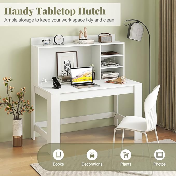 Giantex Computer Desk with Hutch, Modern Home Office Desk with Power Outlets, Storage Shelves & Cable Hole, Makeup Vanity Table, Study Writing Desk for Bedroom Office Small Space, White