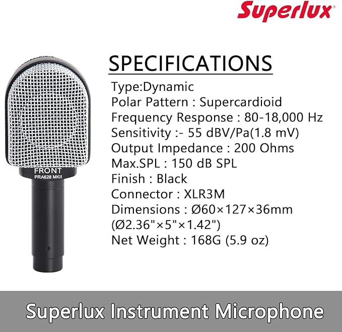 Superlux PRA628MKII Professional Dynamic Instrument Microphone, Wired Super-Cardioid Mic for Guitar/Bass Amps & Live Sound. Recording for Studio and Live Performance, Road-Ready with Clamp & Bag