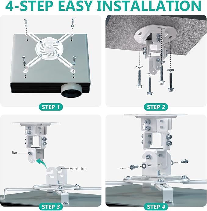 WALI Projector Ceiling Mount, Universal Low Profile Projector Mount with Retractable Arms and Multiple Adjustment Function (PM-002-W), White