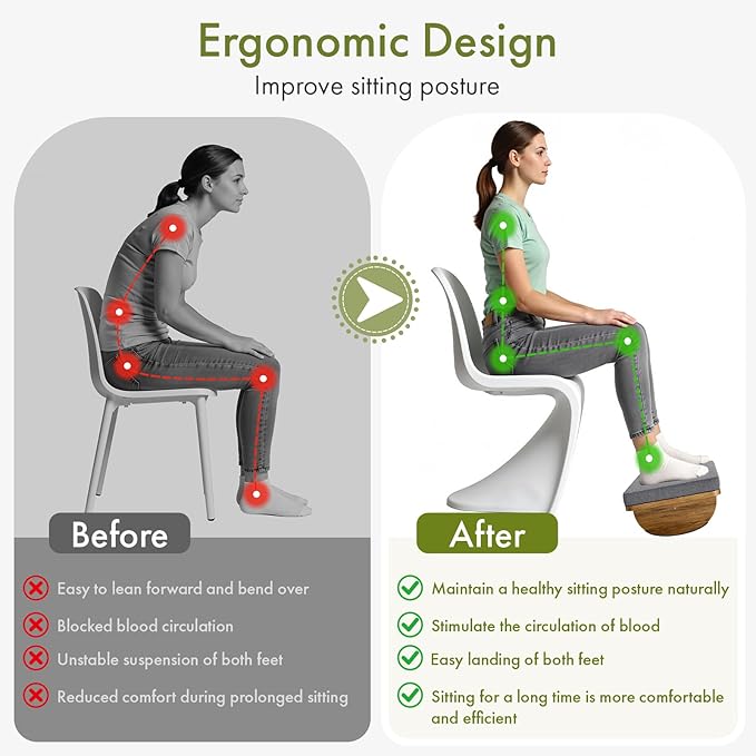 Wooden Under Desk Foot Rest, Foot Stool with Detachable Cushion, Ergonomic Rocking Footrest for Work & Home, Leg Relief & Foot Support, Improves Posture and Blood Circulation