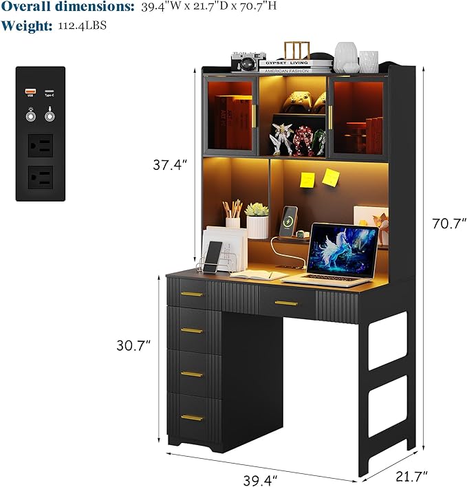 WOOVIVS LED Study Desk with Hutch and Drawer, Home Office Desk with Outlet, Computer Desk with Charging Station, Writing Desk for Bedroom, Workstation for Small Space (Black)