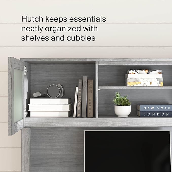 Bush Home 60-Inch Desk Hutch, Office Storage Organizer with Shelves, Cubbies and Frosted Glass Doors for Computer Desk, Home Office Furniture, Somerset Collection, Platinum Gray
