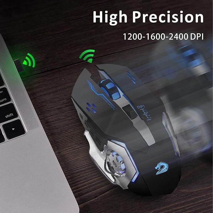 Uciefy Q85 Rechargeable Wireless Gaming Mouse, 2.4G LED Optical Silent Wireless Computer Mouse with 4 LED Light, 3 Adjustable DPI, Ergonomic Design, Auto Sleeping (Black)
