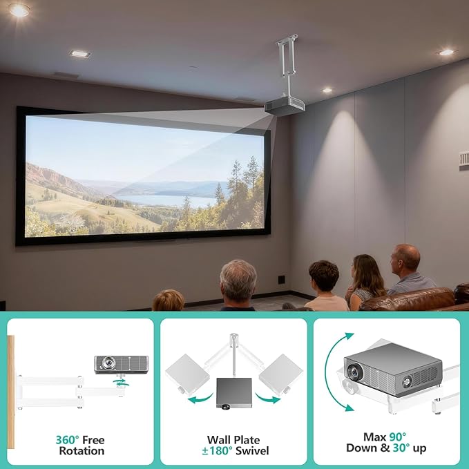 WALI Mini Foldable Projector Wall Mount with 360° Rotating Gimbal, Fully Adjustable Wall/Ceiling Mount Bracket for 1/4" M4 M6 Screw Projectors, Small Projector Holder up to 4.4lbs (1330LM-PMW), White