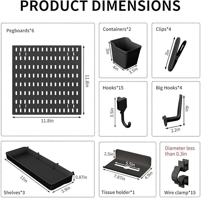 SHGJ&SOFT Peg Board Wall Organizer Panels, 50pcs - Includes 6 Black Pegboards & Accessories, Plastic Pegboard for Home，Office, Craft Room, Gaming Setup, 24″×24″, Wall Mount Display Pegboard Panel Kits