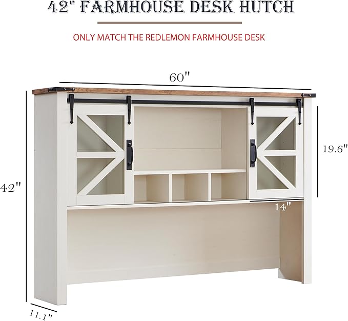 RedLemon 42" Farmhouse Desk Hutch with Sliding Barn Door and Ample Storage/Display Space, Only Match Farmhouse Desk (Antique White)