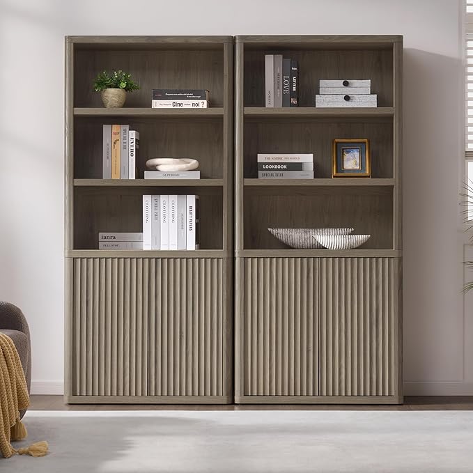 SICOTAS Book Shelf with Doors 71" Tall 6 Tier Bookshelf with Adjustable Shelves Fluted Booshelves & Bookcases Modern Book Case with Large Storage Display Cabinet for Living Room Home Office Bedroom