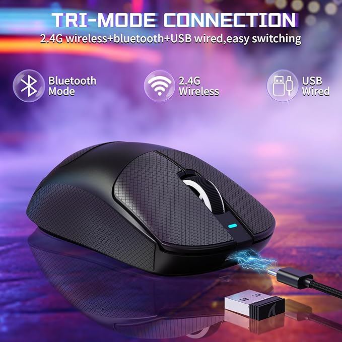 ATTACK SHARK X8SE Wireless Gaming Mouse,Adjustable 25K DPI PAW3311 Optical Sensor,Ergonomic 59g Lightweight,Triple Modes 2.4G/BT/USB-C,500mAH Battery,5 Programmable Buttons for PC/Mac-Black&Griptape