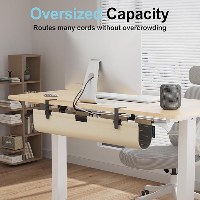 2-in-1 Under Desk Cable Management Tray & Privacy Panel, Dual-Sided Thick Felt Cord Organizer with 20 Cable Ties, Heavy Duty Steel Frame Support, No-Drill Clamp Mount, Large Capacity (Khaki/Gray, 30")