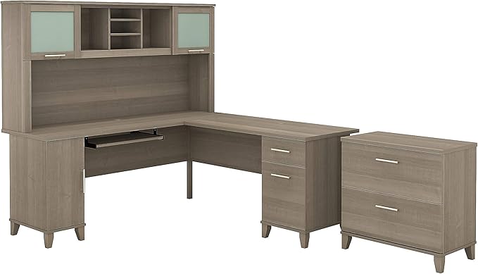 Bush Furniture Somerset 72W L Shaped Desk with Hutch and Lateral File Cabinet in Ash Gray