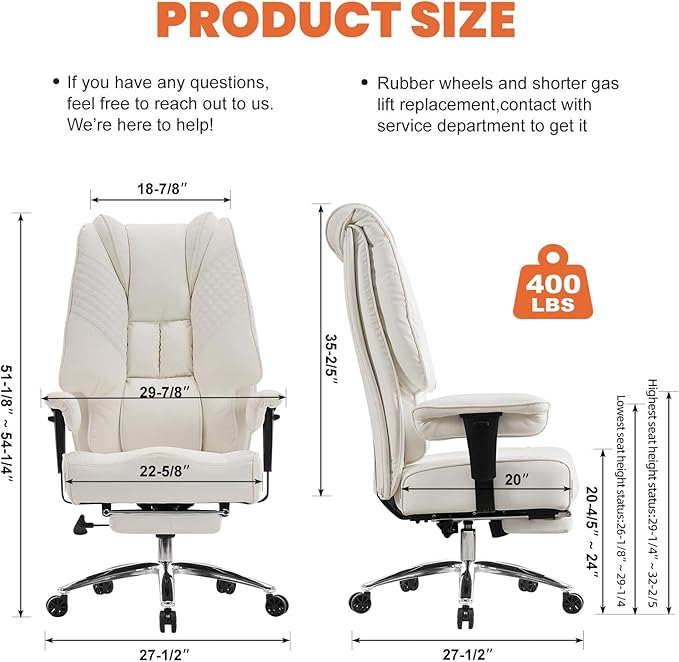 EXCEBET Big and Tall Office Chair 400lbs Wide Seat, Leather High Back Executive Office Chairs with Foot Rest, Ergonomic Lumbar Support for Lower Back Pain Relief (White)