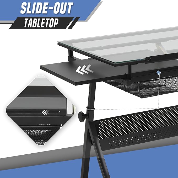 Drafting Table with Height Adjustable Glass Top, Drawing Table with Storage Drawers, Extendable Design, Art Desk Ideal for Drawing, Painting, Writing, Home Office, Clear Glass