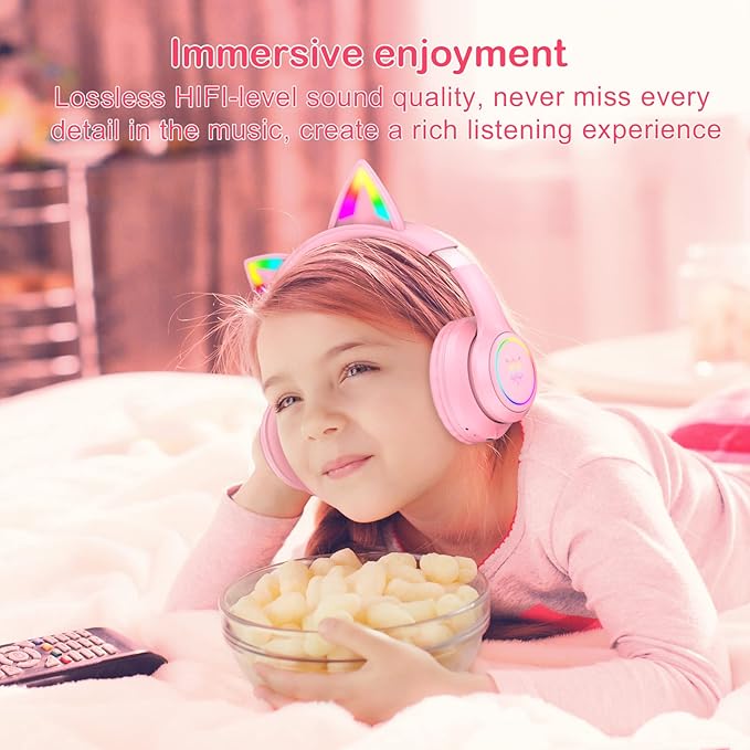 Pink Bluetooth Cat Ear Headphones for Kids & Adults, Wireless & Wired Mode Foldable Headset with Mic - Clear Sound Quality - RGB LED Light, for Girls School Gaming, for Phone/Laptop/PC/Tablet